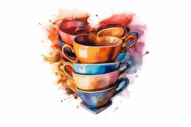 Watercolor, Form a heart shape using stacked coffee cups clipart, hd, on a white background, spaced out