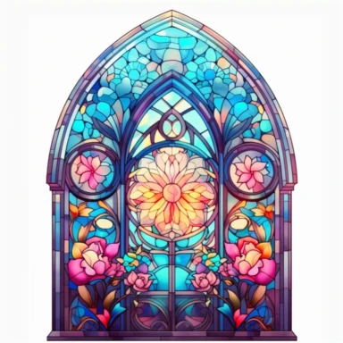an intricate stained glass window design clipart, in the style of pastel gothic, #screenshotsaturday, reimagined religious art, multiple shapes,islamic art and architecture, watercolor illustrations, no background, vibrant colors, sunshine coming in through the glass, flowers at the bottom, high resolution, 8k