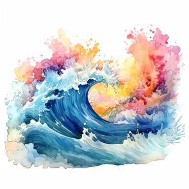 watercolor crashing waves, shades of coral turquoise yellow and blue, glamorous, very detailed and realistic, white background with margins, clipart style