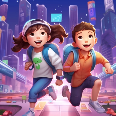 POPMARTstyle, OC renderer,a boy and a girl under 10 years old are depicted in detail from the front, Jumping and running happily with a backpack on their back，The action pose of opening the Bilibili APP logo. wide-eyed, smiling, They are located in a future technology museum, with electronic and lighting elements of the future. The boy has big eyes, wide-eyed,short hair, and wears primarily blue casual sportswear with a smart pen in his hand, School bag. The girl also has big blue eyes, wide-eye