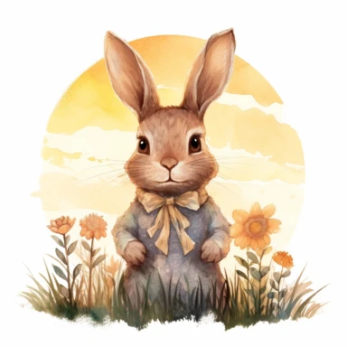watercolour clipart illustration of cute shy modest baby bunny looking at sunset wearing a beautiful detailed prom summer dress, standing in woodlands background on grass with flowers on white background, in the style of hyper-realistic animal illustrations, i can't believe how beautiful this is, childlike illustrations, close up, earthy tones
