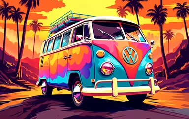 clip art of a VW bus decorated 60's style in synthwave style colourfull multicolour ultra details
