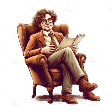 curly man in glasses and a tie on an armchair with a folder simple clipart