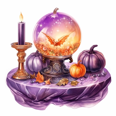 hand drawn glowing crystal ball sitting on a table with crystals, tarot cards, a wand, candles and a pumpkin, Halloween, purple and orange shades,fantasy, glamorous, , clipart style, detailed and realistic, watercolor, white background with margins