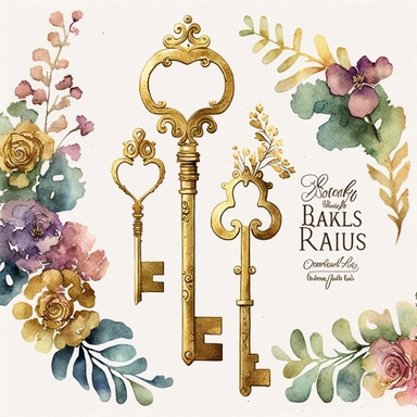 beautiful golden keys watercolor clipart