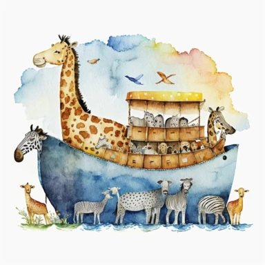 watercolour Noah's ark clipart with animals, spaced out--ar 3:2--s1000--v5