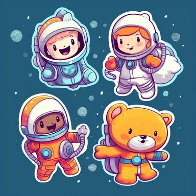 clipart elements, series of stickers, super cute boy and girl baby astronauts playing in space with their anthropomorphic bear astronaut friend and their pet dog, kawaii style, fun mood, vibrant hues