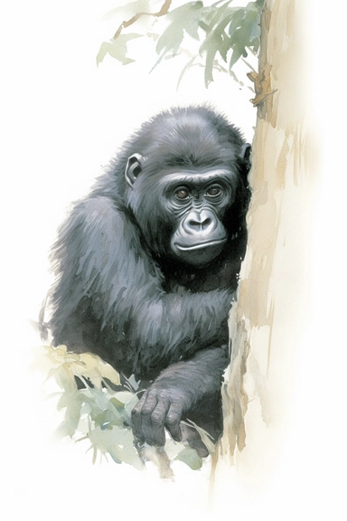 Clip art of gorilla, simple, White margins around the image, drawn by Helen Beatrix Potter, easy to crop image, white background