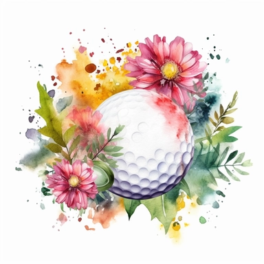 golf ball with flowers in backgroud, watercolor clipart sublimation png, white background