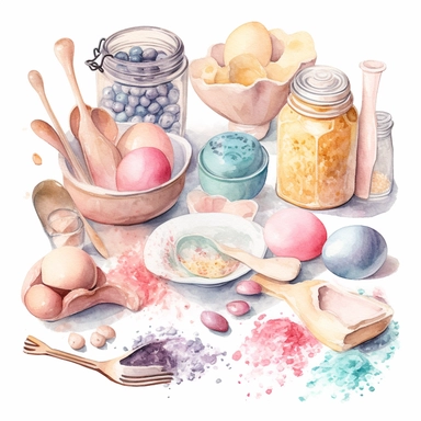 Design a watercolor clipart image of a set of baking ingredients, including flour, sugar, and eggs. Use pastel shades of pink, blue, and yellow to create a soft and inviting palette, and include plenty of texture and detail to make the ingredients look tactile and realistic, white background