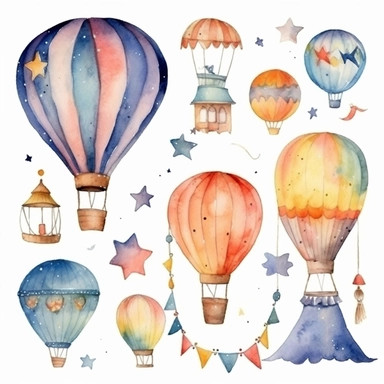 Watercolor carnival,Hand painted clip art with party elements isolated on white background. Hot air balloon, bunting, stars.