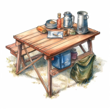 clipart, drawn in colored pencil, a camping table