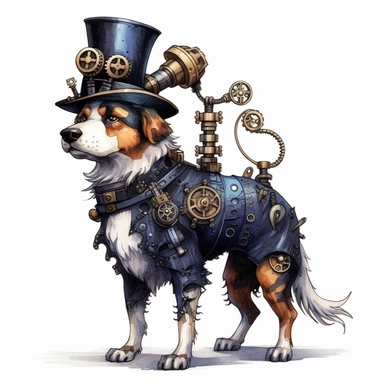 steampunk dog prototype, full body, watercolor, gears, pinions, calipers, clocks, rivets, top hat, clipart, duo tone, realistic, ultra resolution, vivid detail, 8k, minimal watercolors, white background