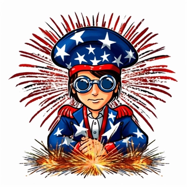 hd clipart image, patriotic pirate with an eye patch sitting on a huge pile of fireworks, cartoon style, white background,