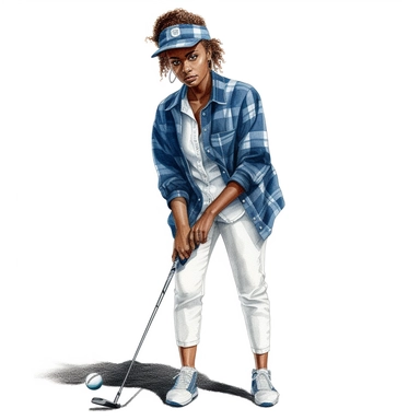 Idyllic watercolor clipart of a young modern African american female golfer in close fitting blue and white sports golf clothes standing with his putting club on the putting green, isolated on a pure white background, insane detail,