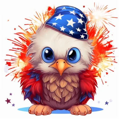 illustration of cute baby american bald eagle, wearing red white and blue american flag colors, fireworks in background, 4th of july, clipart svg, white background