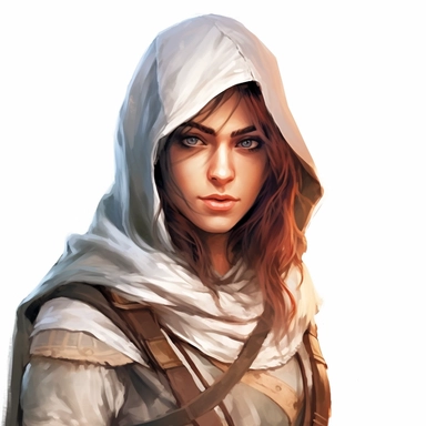 beautiful stunning pretty young woman as assassin creed character, different skin colour and different hair color paint art style, clipart, white background, superrealistic, one of a kind