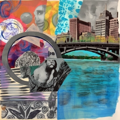 a mixed media collage of old news paper clippings, spray paint, paint markers, gouache paintings of cityscapes, a flowing river with an old iron bridge going across it, an 18th century engraving of a mythological sphinx, museum quality, abstract expressionism, postmodern art, rich watercolor texture, bright blue water, abstract concentric cirle designs, dry brush technique, color pencil, oil pastel