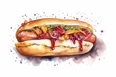 watercolor chilli hotdog meal , mustard, onion sand french fries with ketchup clipart, hd, isolated on white background, spaced out