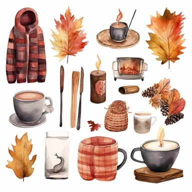Watercolor Illustrate clipart sets featuring warm and cozy autumn essentials like sweaters, scarves, hot drinks, blankets, and bonfires, whitebackground