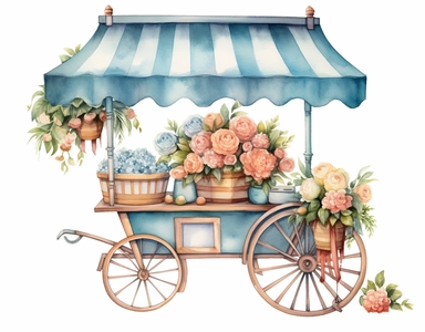 free watercolor and flower cart clipart, free png files, in the style of claudia tremblay, candycore, light azure and bronze, uhd image, caffenol developing, kris kuksi, toyen