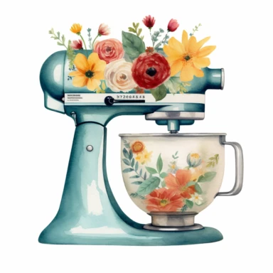 watercolor clipart, A vintage style drawing of a Stand Mixer kitchen aid style, flower, high resolution, white background, Sublimation graphics, by Katie Daisy , Watercolor clipart, single design, single object,print on demand image, PNG transparent background, white background for removing background - - no text shadow font watermark, 8k