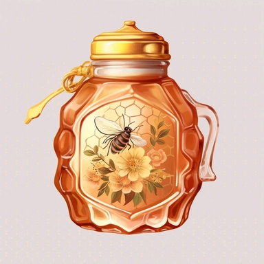 A honey jar with a golden label, adorned with intricate honeycomb patterns and floral motifs, exuding elegance and sophistication. (Digital drawing clipart, image black border color, full body, flat texture, transparent background), watercolor