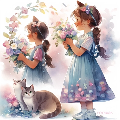 2 girls, cat girls, Little girl exploring, rainbow and flowers, illustration for book, children's book, 2 clipart, fiorucci angels, beautiful decoupage paper, pastel colors, clipartm, fantasy art, squirrel ears, perfect eyes, detailed body, Watercolor Clipart, strybk, full Illustration, 4k, sharp focus, watercolor, smooth soft skin, symmetrical, soft lighting, detailed face, concept art, watercolor style, strybk, children's style fairy tales, chibi kawaii, Octane rendering, 3d. Perfect face, det