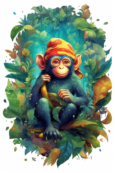 SURREAL cartoon monkey wearing a banana suit, painted in vibrant tropical colors, amidst a jungle scene. Detailed watercolor, clip art, cartoon, 8k