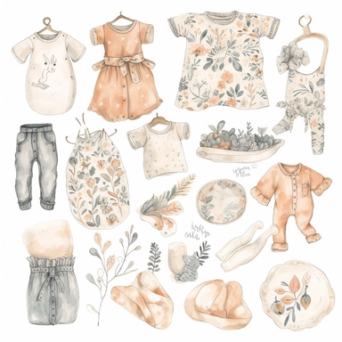 Produce a watercolor clipart series showcasing boho-inspired baby essentials like swaddles, pacifiers, and bibs. Use gentle, muted shades and fine details to create a soft, organic feel. The clipart should be set against a white background with crisp lines and a hand-drawn aesthetic, white background