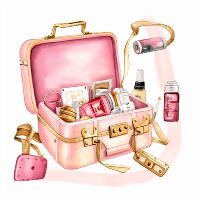 sweet pink and gold hand-painted in watercolors, first aid kit clipart, first aid suupply, isolated white background, single design, sharp, bold , sweet pink, cream, gold, hand-painted watercolor