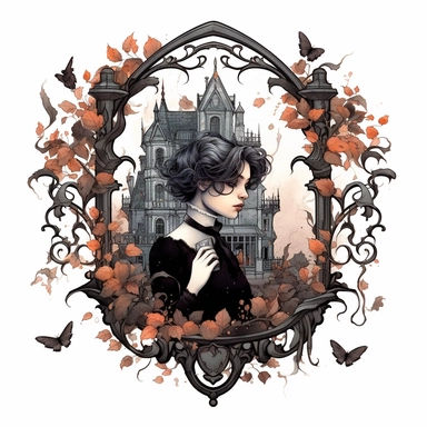 Write a character description for a gothic novel set in a Victorian-era mansion adorned with Gothic Floral Heart tapestries. The main character, a tormented artist, discovers a hidden door within the mansion that leads to a secret garden, unlocking a series of supernatural events. clipart, white background