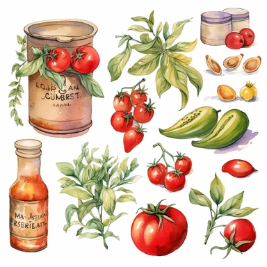 Design a vintage - style, watercolor garland or wreath for the 'Farmer's Kitchen' mystery box label, featuring tomatoes, basil, poppies, and other items from the box, as well as a couple of themed clipart elements for decoration. The garland or wreath should have a soft, romantic aesthetic and be hand - drawn in a watercolor style. The colors should be muted and natural, with pops of bright red and orange for the tomatoes and poppies. The overall design should be whimsical and charming, with a t