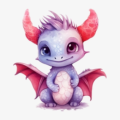 watercolor cute dragon clipart, adorable, big eyes, japan anime style, red, full body, holding a lovely heart, on white background