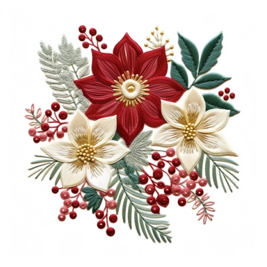 Christmas floral hand embroidered clipart on a flat white background