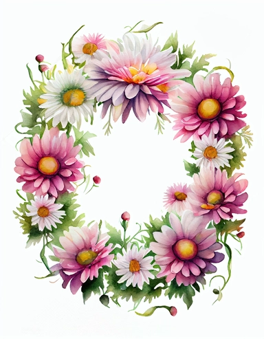 detailed vibrant watercolor attractive pink aster flower wreath with very wide middle white space , isolated on white background, realistic, clipart