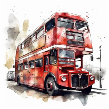 london-red-bus-modern clipart, Minimalist Strong watercolor, wide angle, 2D, hdr, isolated on a white background, no-overspill