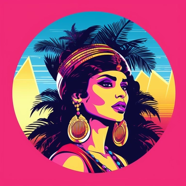 Design a captivating clipart featuring a retro-inspired portrayal of Cleopatra infused with the vibrant Vice City vibes. Create a stylish and charismatic character that combines the timeless beauty of Cleopatra with elements reminiscent of the 1980s Miami aesthetic. Incorporate bold colors, neon lights, palm trees, and retro patterns to evoke the Vice City atmosphere. With a white background, the clipart maintains a versatile appeal for various design applications. Perfect for digital projects, 