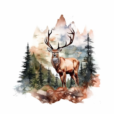 watercolor style, buck deer with the mountain forest in the back clipart, isolated on white background, hd