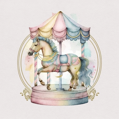 pastel pink, blue, yellow carousel horse within a frame watercolor clipart