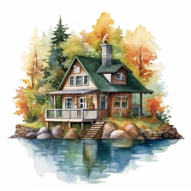 cozy lake house, watercolor, clipart