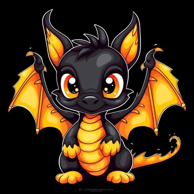 cute cartoon black and orange dragon clipart, white background,--no cut-off edges