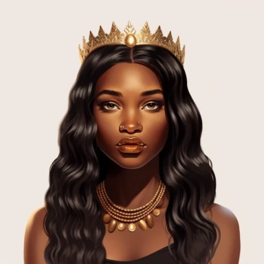 black dark-skin women with long natural hair wearing a golden crown staring straight forward with big shiny lips, clip art