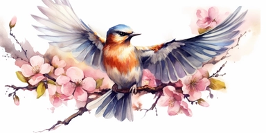 Watercolor Birds isolated illustration. Bird spring clipart isolated on white background. Animal and Flowers illustration