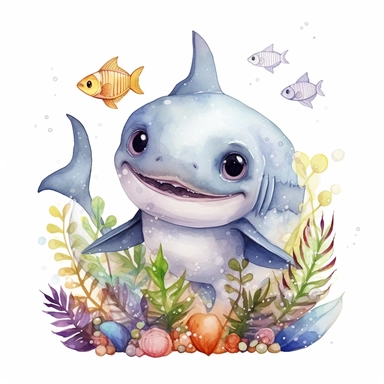cutest little nursery shark with big eyes, full body, pen and ink with watercolor, seaweed, jelly fish, little fish, pearlescent horn, sparkles, glittery, clipart sheet, nurseycore