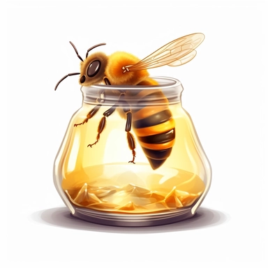 honeybee seitting on a transparent glass jar filled with honey, clipart on a white background, clipart transparent background, clipart sticker
