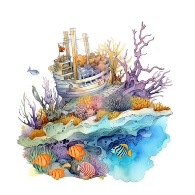 watercolor underwater shipwreck, in a cove , fish coral plant and bubbles, shades of coral turquoise yellow and blue, glamorous, very detailed and realistic, white background with margins, clipart style