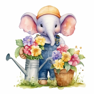 a charming watercolor clipart image with a white background, featuring a friendly cute cartoon elephant gardener surrounded by wildflowers