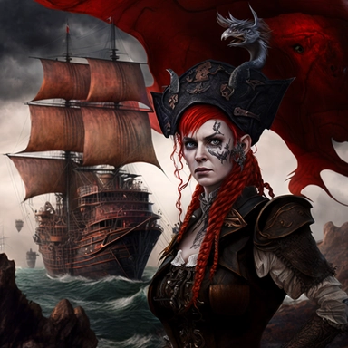 large landscape image, Background red dragon clipper ship, forground centre fantasy world ship captain female, bright red hair blowing in wind, tricorn hat and sleevless low cut vest, right arm has red dragon scales tattoo neck and chest have runic symbols and wind markings and dressed in black pants and bucket top boots
