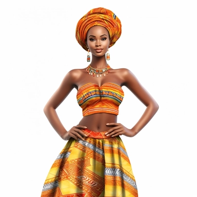 Hyperrealistic beautiful full figure ethnic dressed african beauty lady, ethnic african dress, perfect eyes,perfect face,perfect mouth and teeth,full body,cute and colorful,full body, clipart, hd, white background